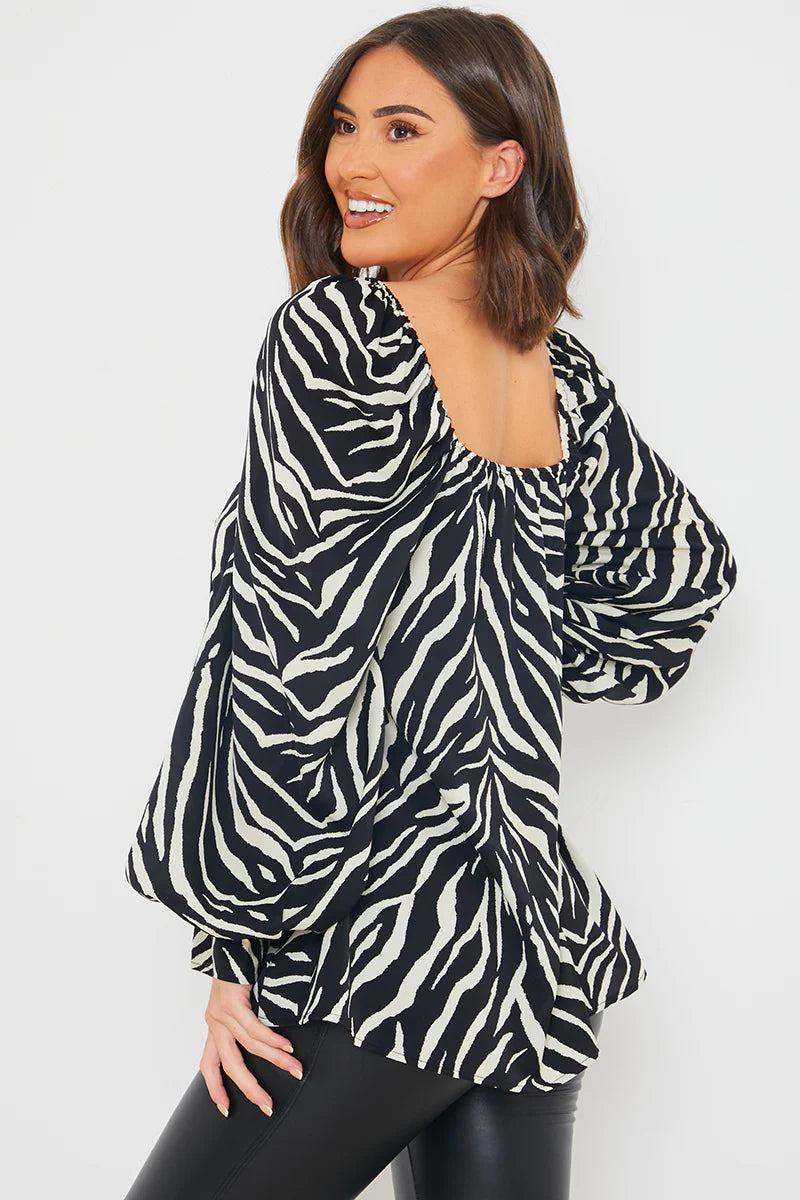 Zebra Woven Balloon Sleeve Blouse