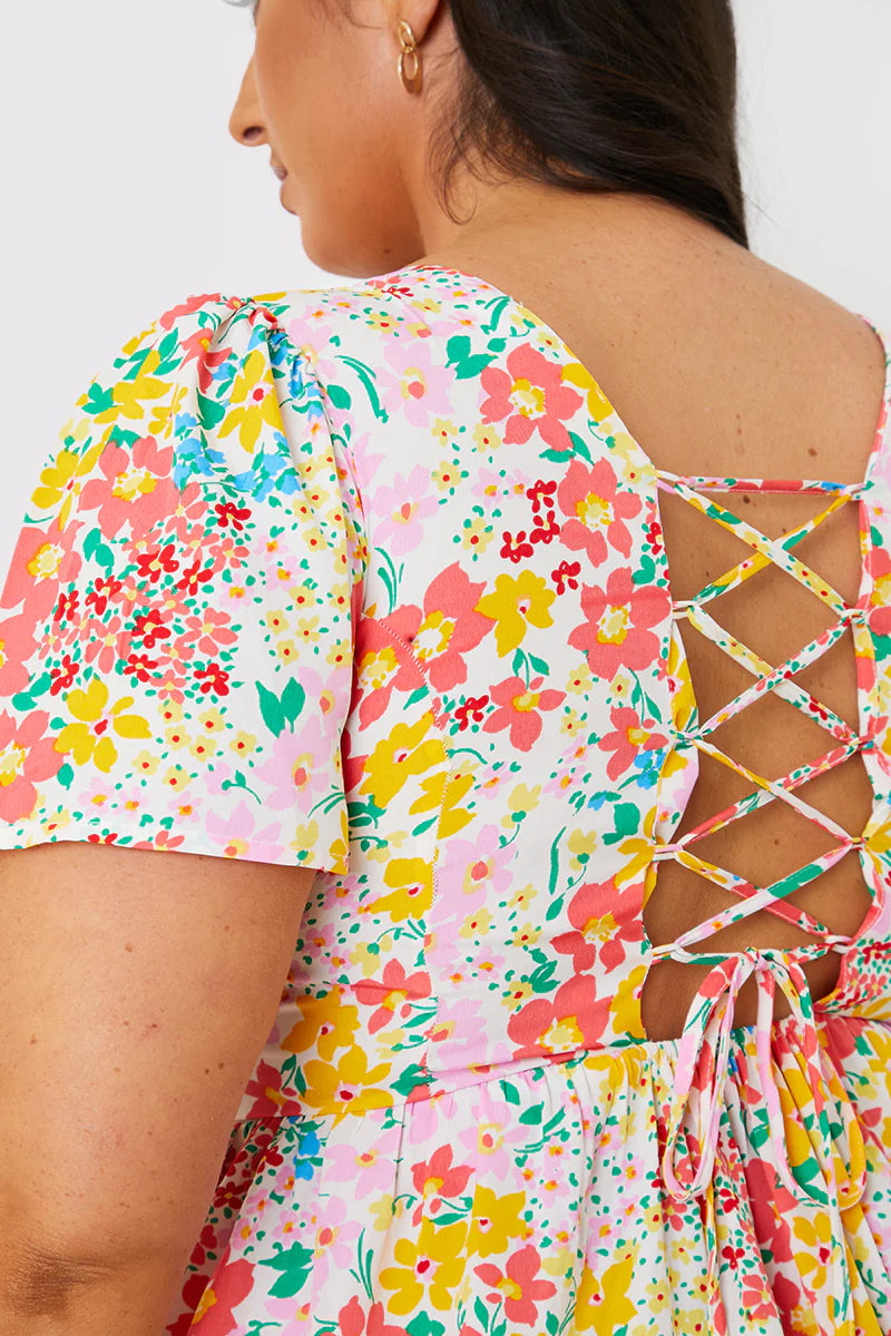 Polka Dot Shirred Bodice Tiered Mini Dress