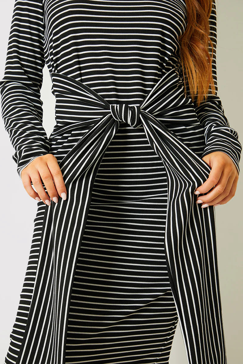 Stripe Ribbed Long Sleeve Bodycon Dress With Tie Waist Detail