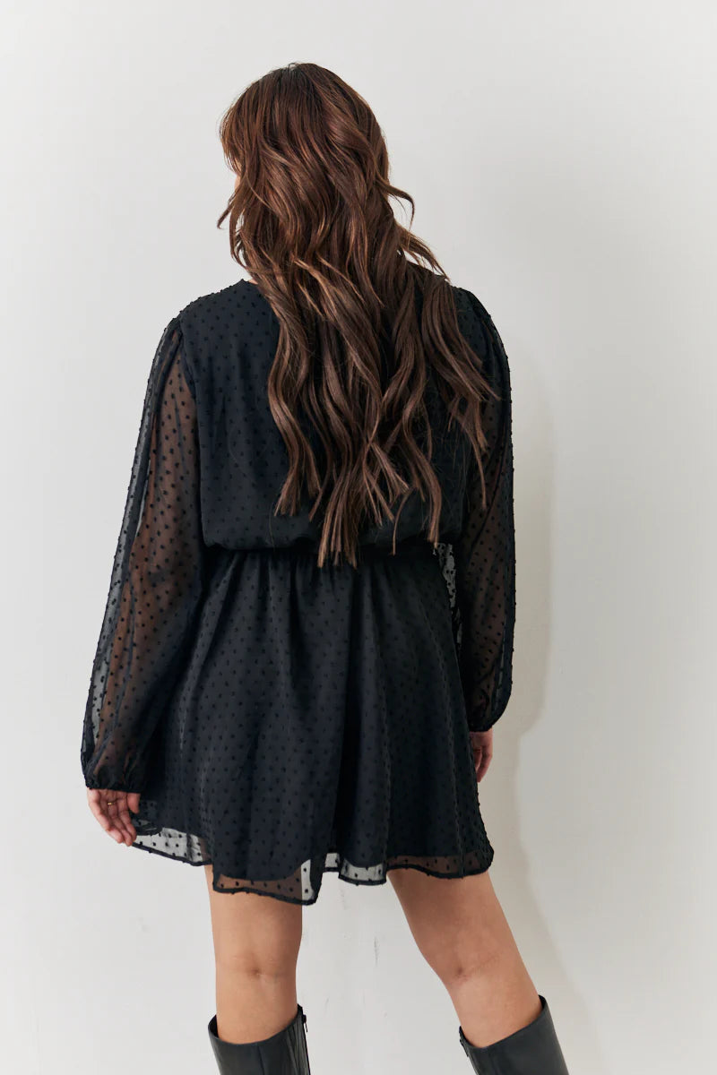 Black Dobby Chiffon Belted Mini Dress