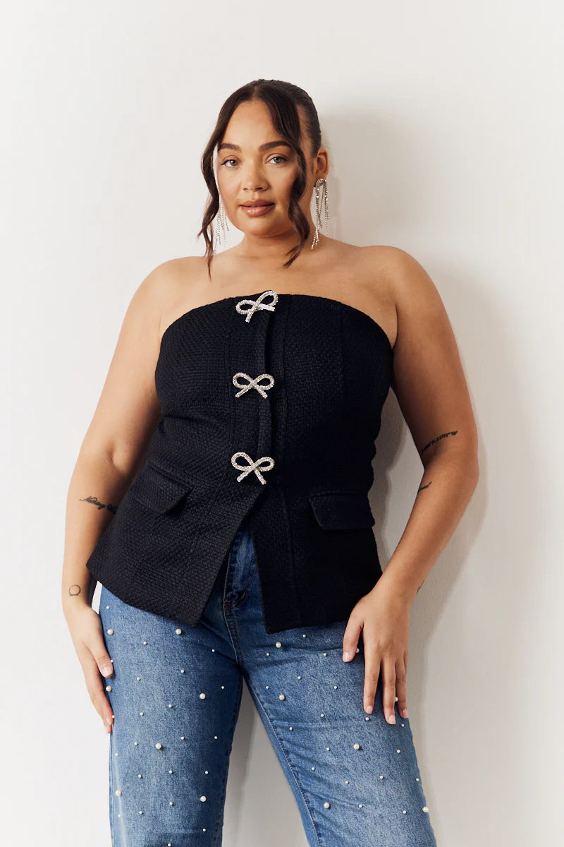 Black Boucle Bow Detail Bandeau Top