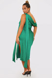 Green Satin Asymmetric Neckline Midi Dress