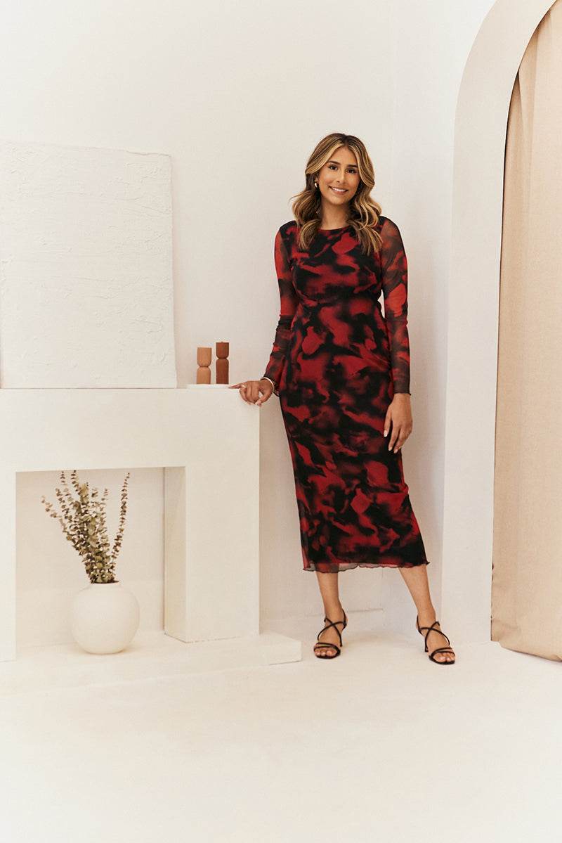 Abstract Print Mesh Open Back Detail Maxi Dress