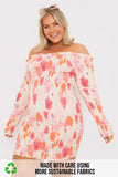 Floral Bardot Shirred Long Sleeve Mini Dress