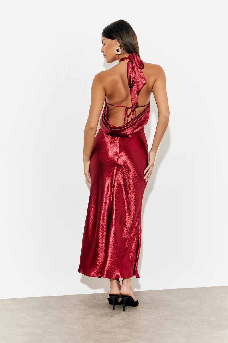 Liquid Satin Halterneck Cowl Back Midaxi Dress