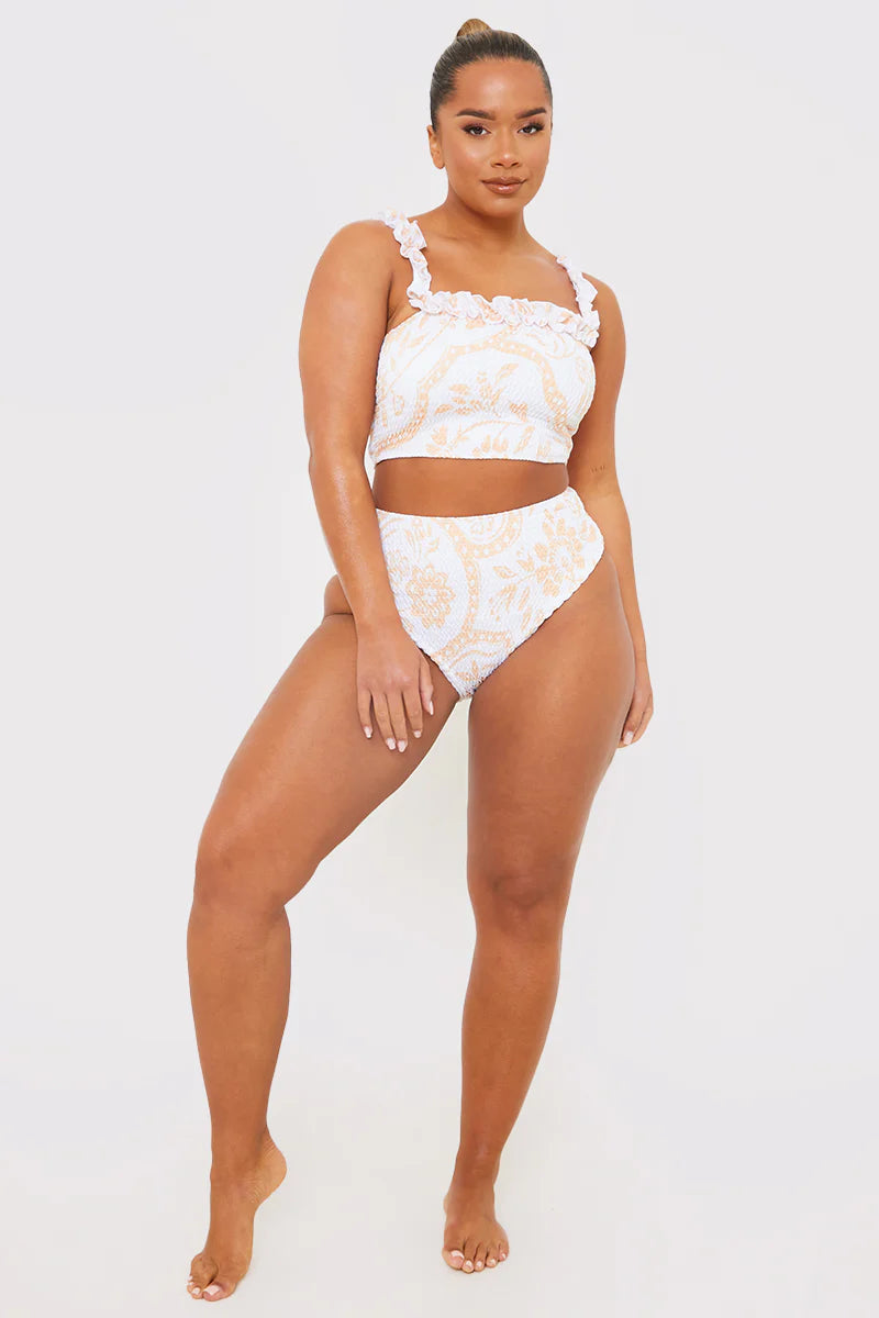 Scarf Print Ruffle Bardot Shirred Bikini Top