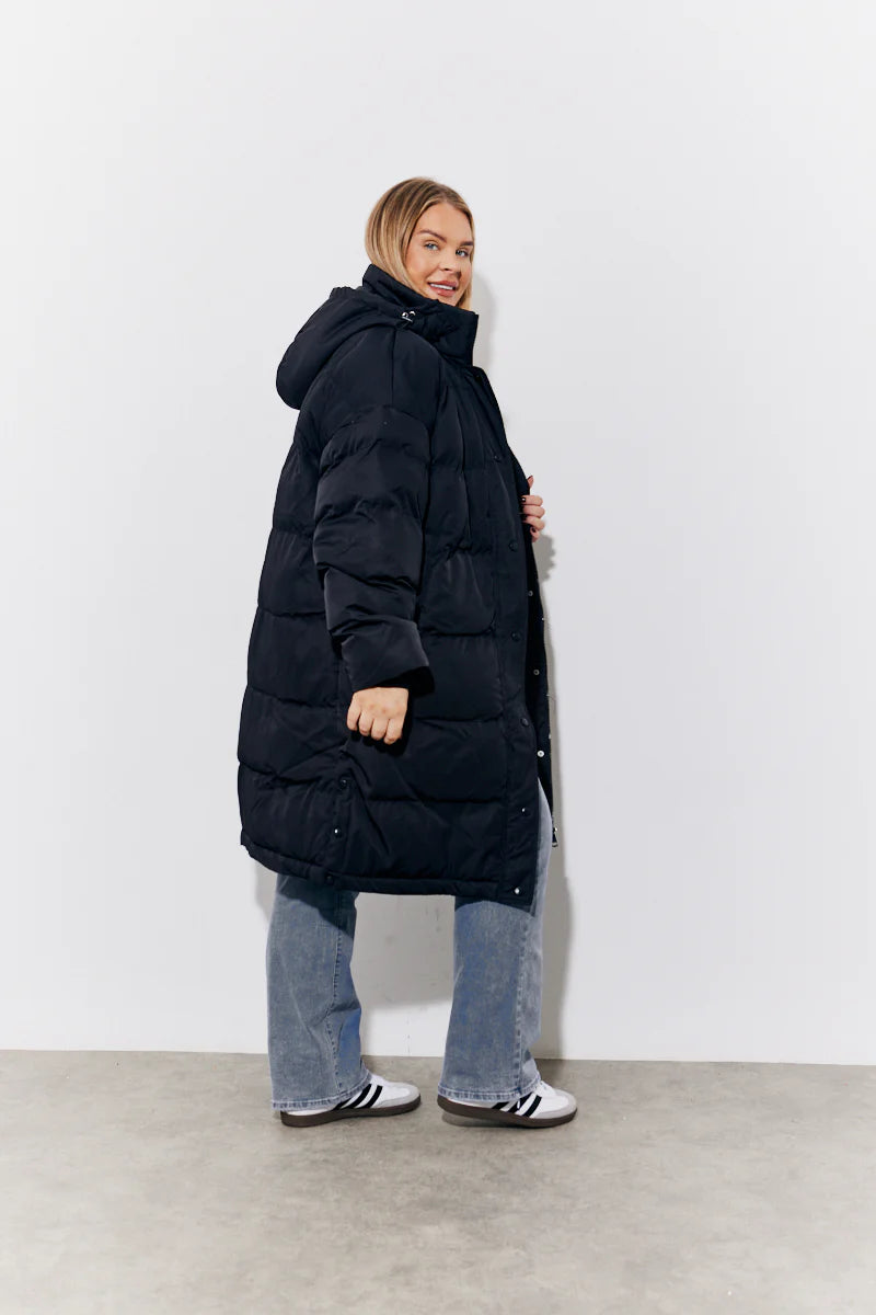 Black Hooded Longline Popper Puffer Coat