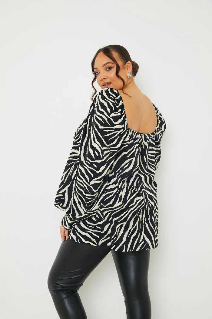 Zebra Woven Balloon Sleeve Blouse