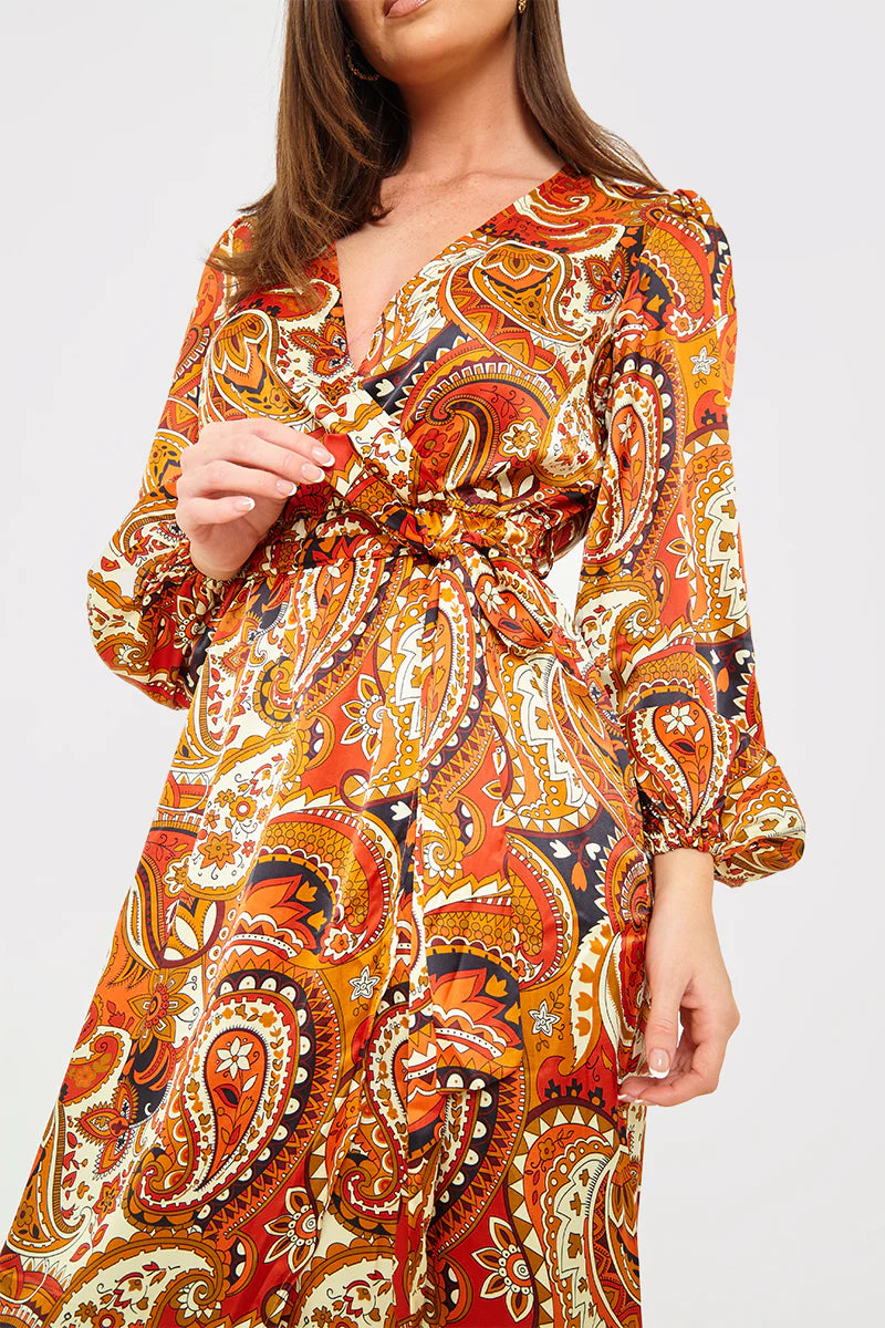 Plunge Balloon Sleeve Belted Midi Dress