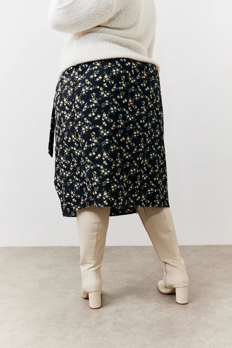Black Floral Wrap Midi Skirt