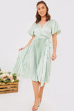 Angel Sleeve Pleated Wrap Midi Dress