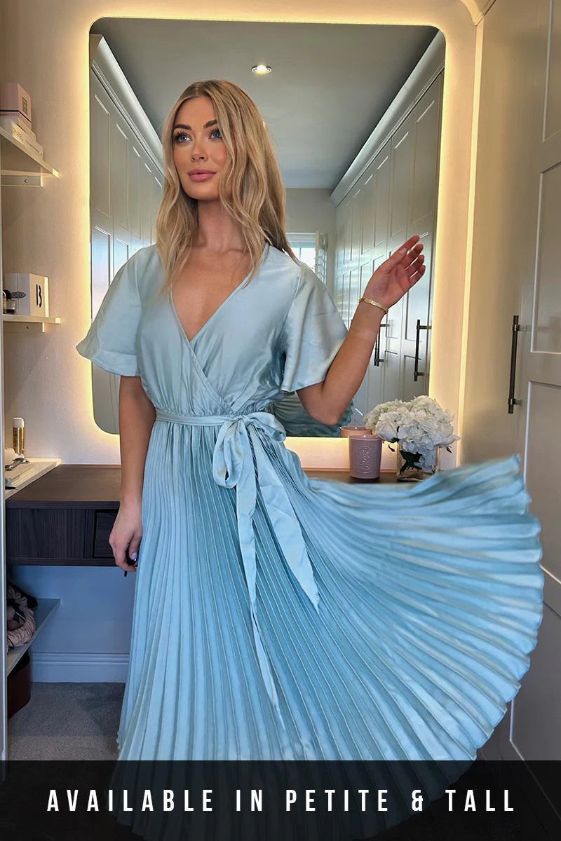 Angel Sleeve Pleated Wrap Midi Dress