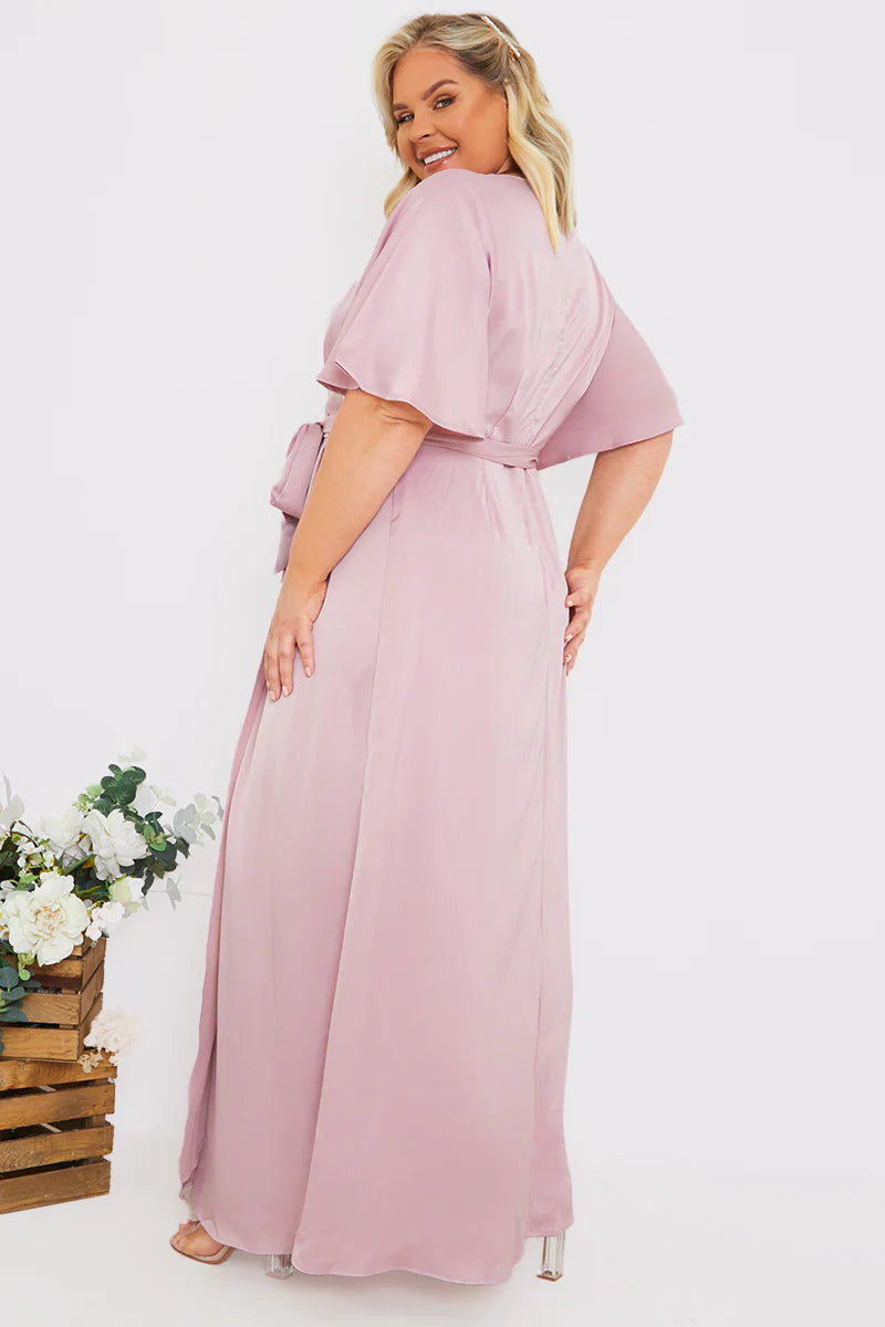 Satin Flutter Sleeve Tie Waist Wrap Dress