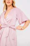 Satin Flutter Sleeve Tie Waist Wrap Dress