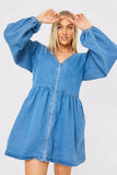 V NECK ZIP THORUGH DENIM MINI DRESS