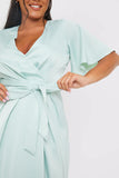 Satin Flutter Sleeve Tie Waist Wrap Dress