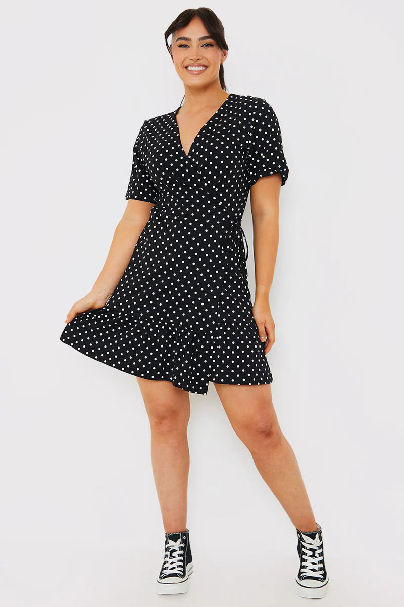 Polka Dot Print Short Sleeve Wrap Swing Dress