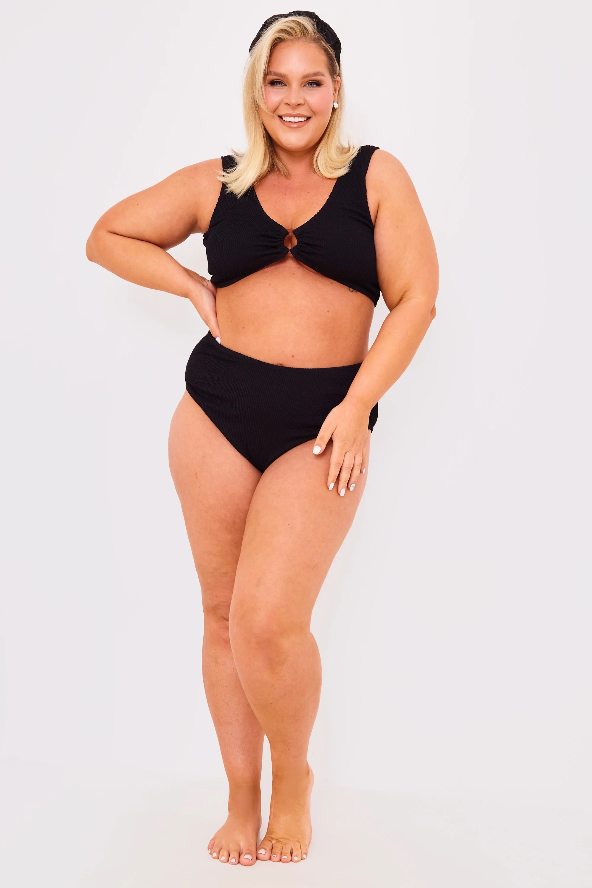 Textured Crinkle Scoop Neck Ring Detail Bikini Top