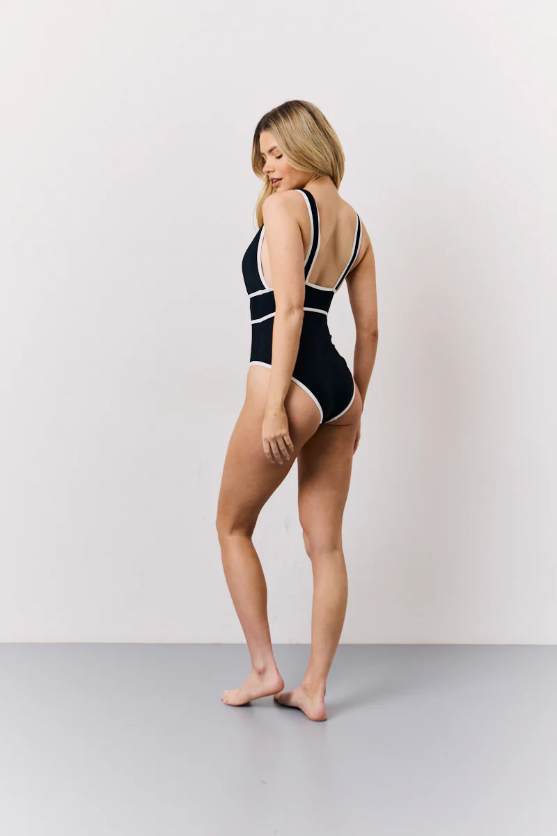 Black Contrast Binding Plunge Swimsuit