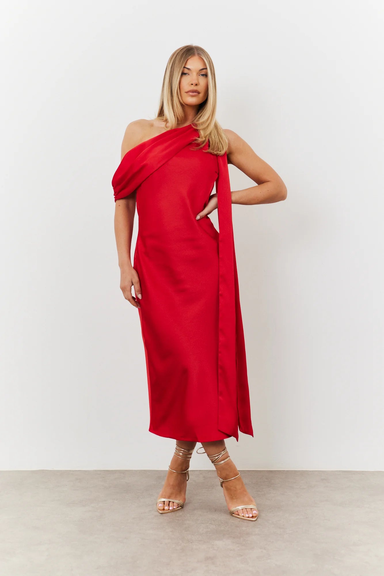 Satin Asymmetric Draped Neckline Midi Dress