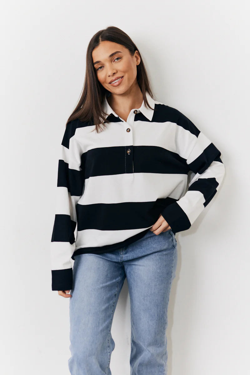 Black & White 90's Stripe Long Sleeve Rugby Shirt