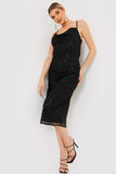 Beaded Sequin Cowl Neck Low Back Midi Slip Dress