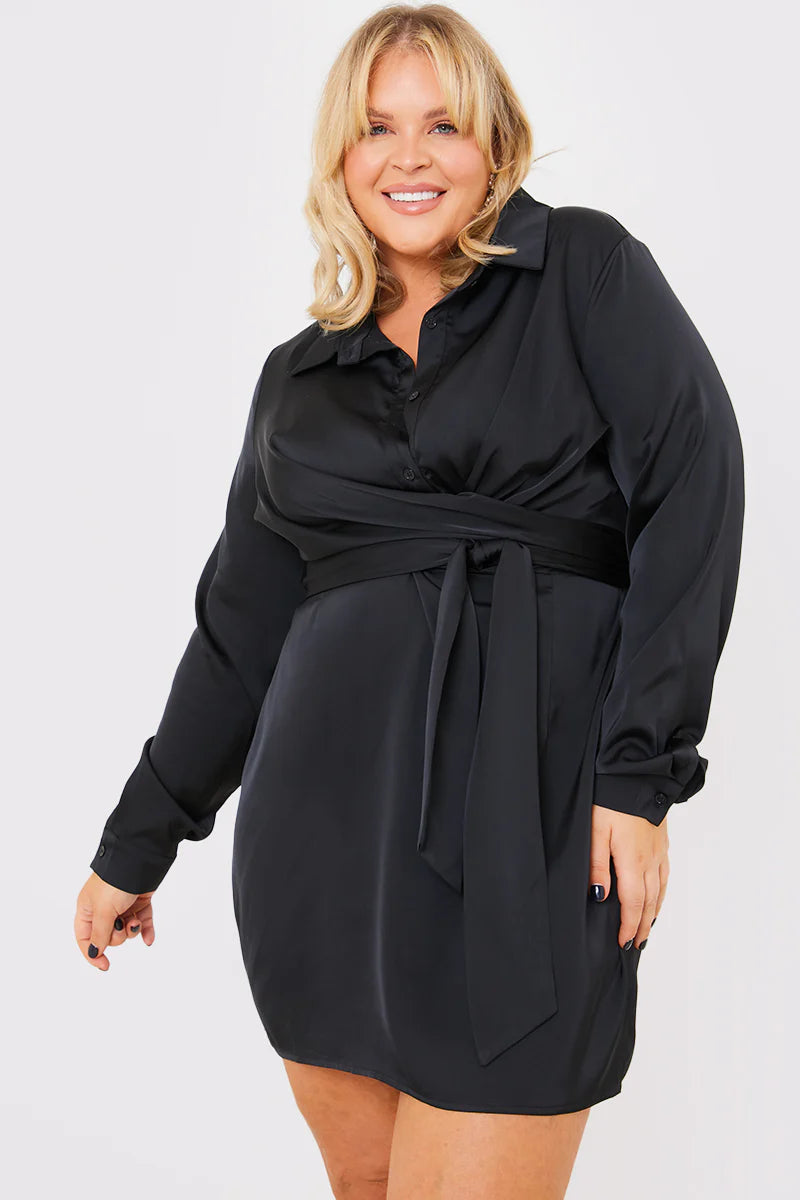 Satin Tie Waist Shirt Dress