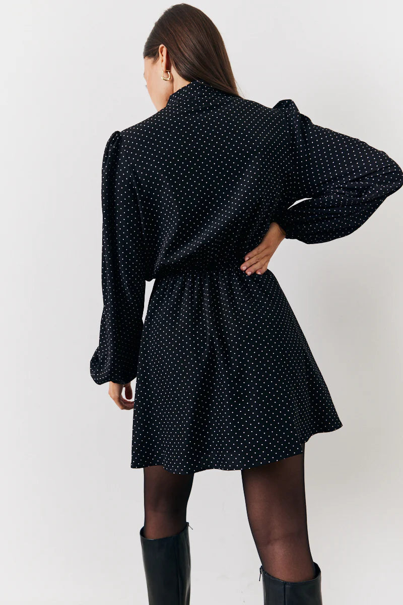 Black and White Polka Dot Mini Dress with Tie Neck