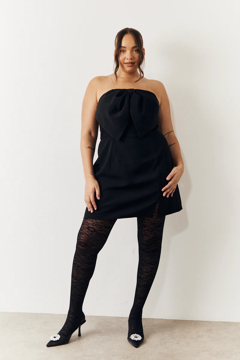 Black Bandeau Bow Front Split Hem Mini Dress