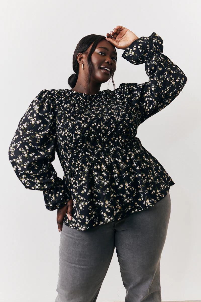 Black Floral Shirred Bust Blouse