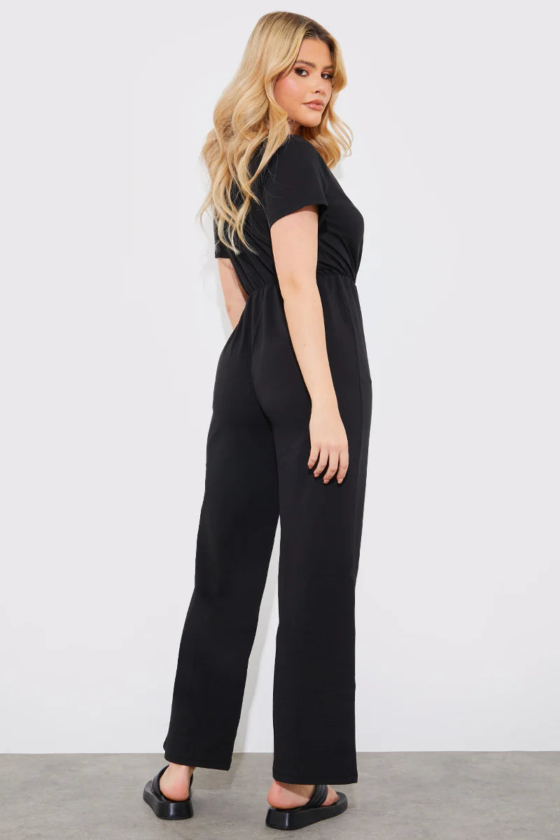 Short Sleeve Wrap Wide Leg Jumpsuit