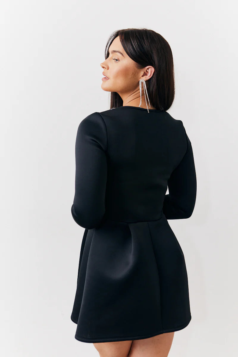 Black Embellished Neckline Black Mini Dress