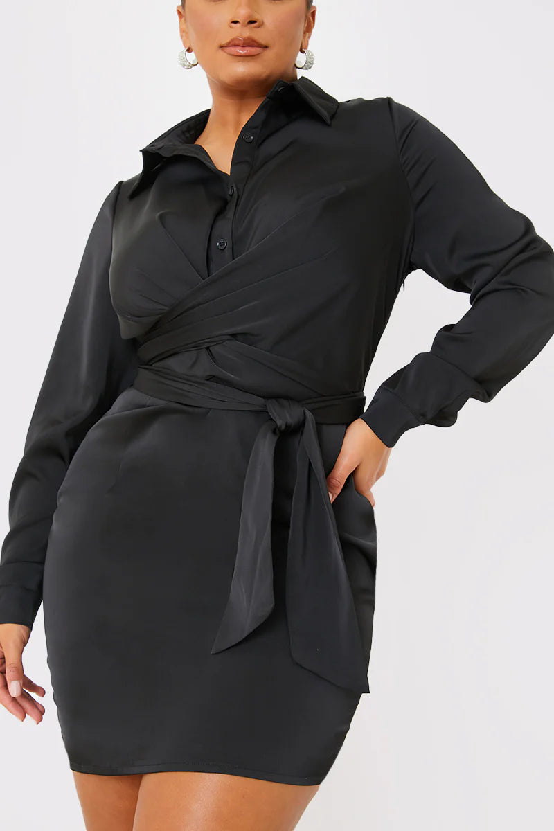 Satin Tie Waist Shirt Dress