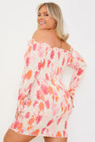 Floral Bardot Shirred Long Sleeve Mini Dress