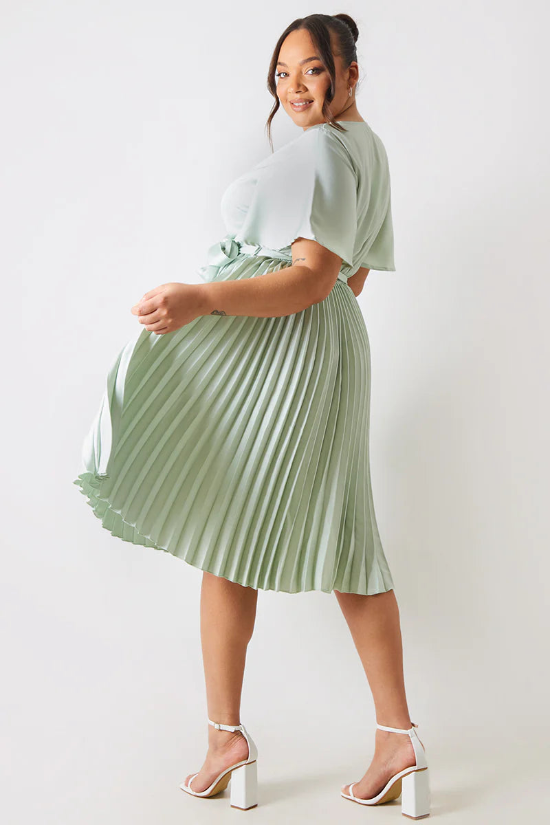 Angel Sleeve Pleated Wrap Midi Dress