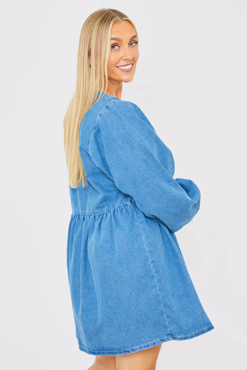 V NECK ZIP THORUGH DENIM MINI DRESS