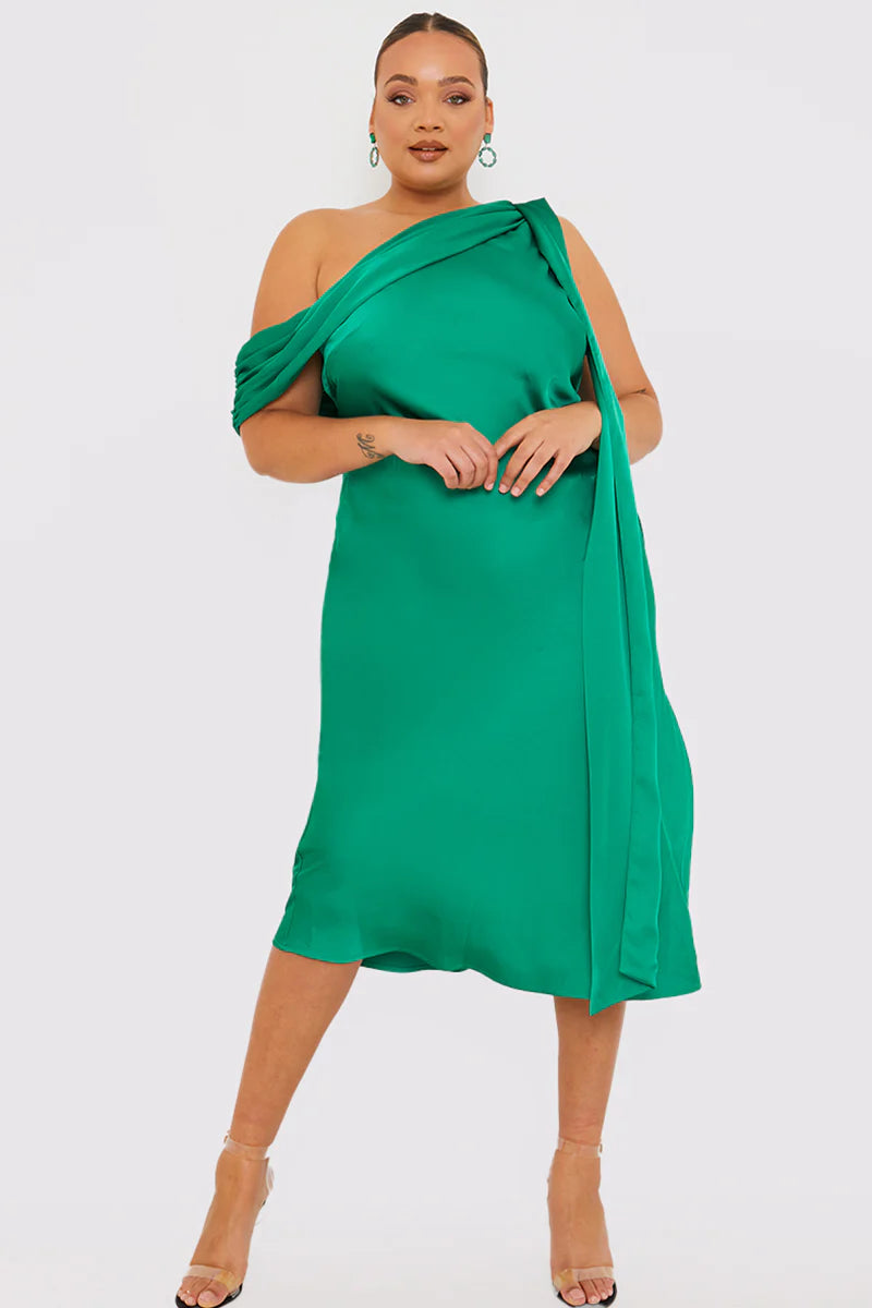 Green Satin Asymmetric Neckline Midi Dress