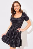 Polka Dot Shirred Bust Puff Sleeve Swing Dress