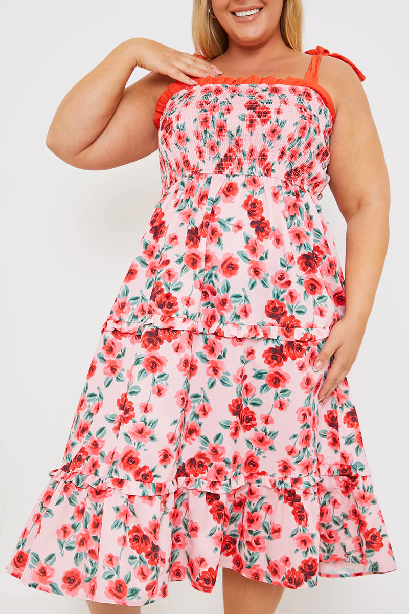 Shirred Bust Ruffle Midi Dress