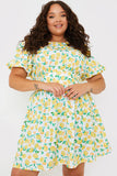 Round Neck Shirred Waist Lemon Smock Dress