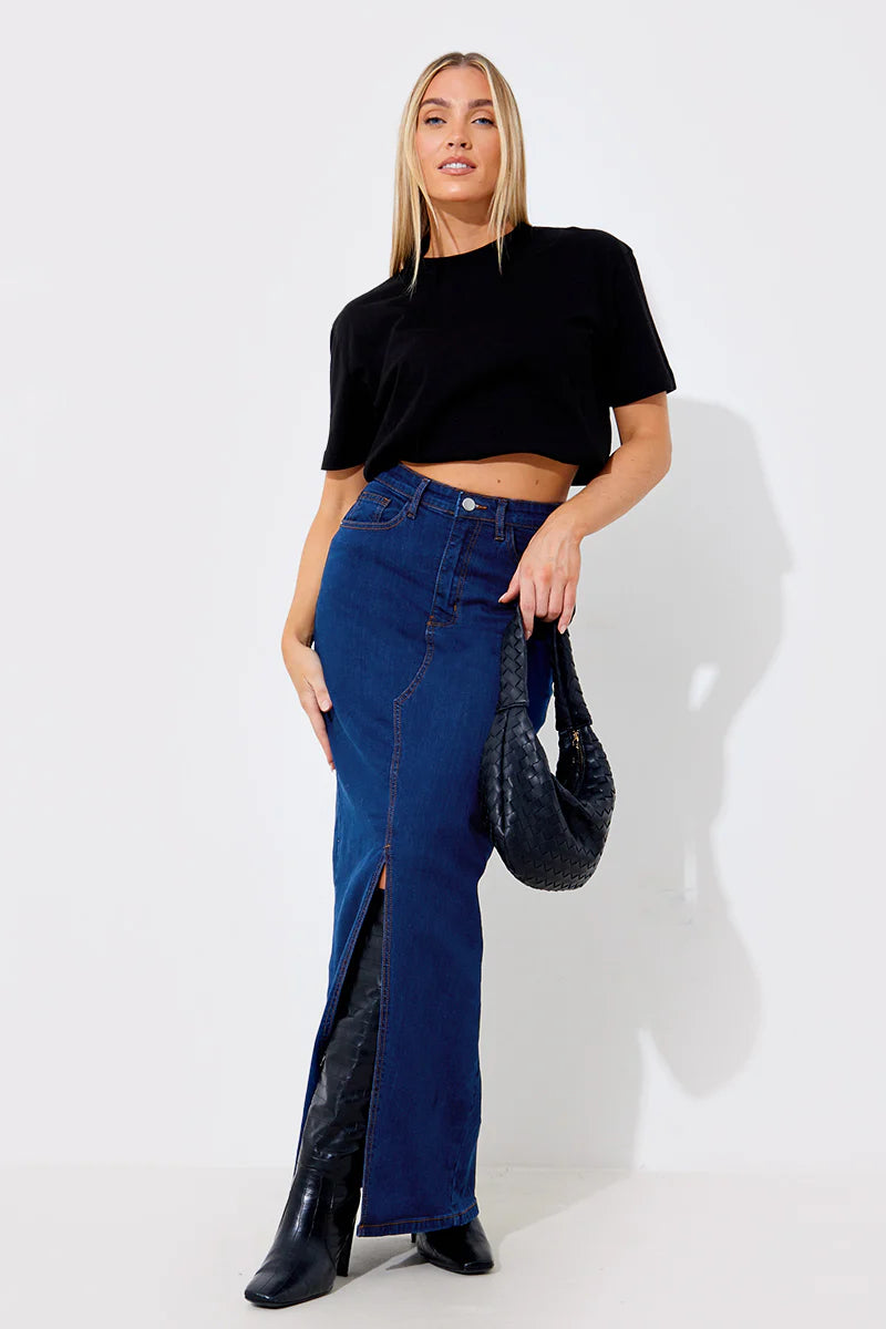 Split Detail Denim Maxi Skirt