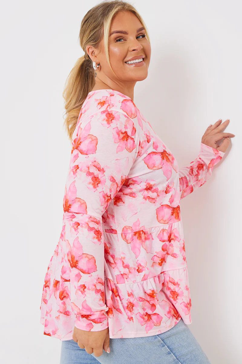 FLORAL TIERED JERSEY SMOCK TOP