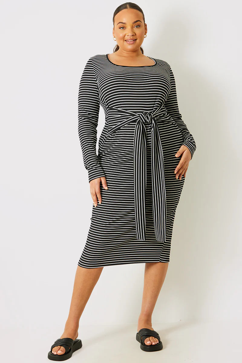 Stripe Ribbed Long Sleeve Bodycon Dress With Tie Waist Detail
