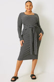 Stripe Ribbed Long Sleeve Bodycon Dress With Tie Waist Detail