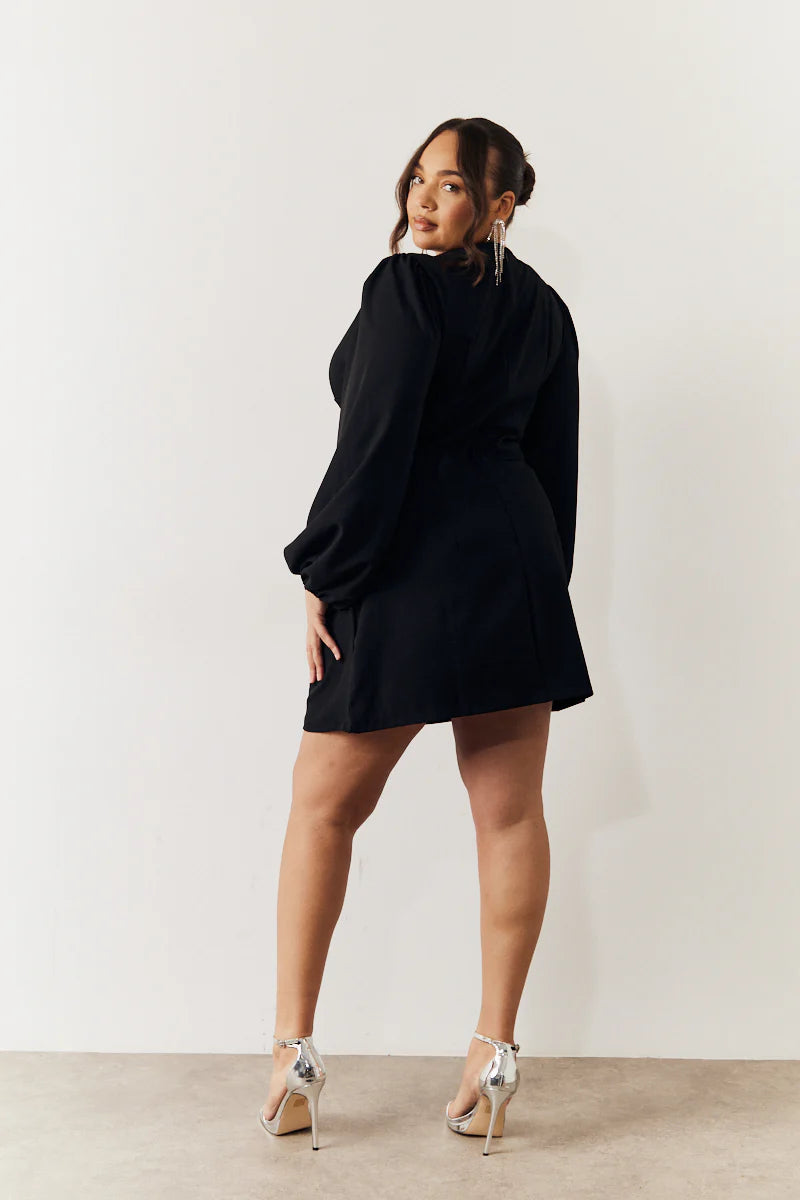 Black Embellished Trim Cut Out Balloon Sleeve Mini Dress