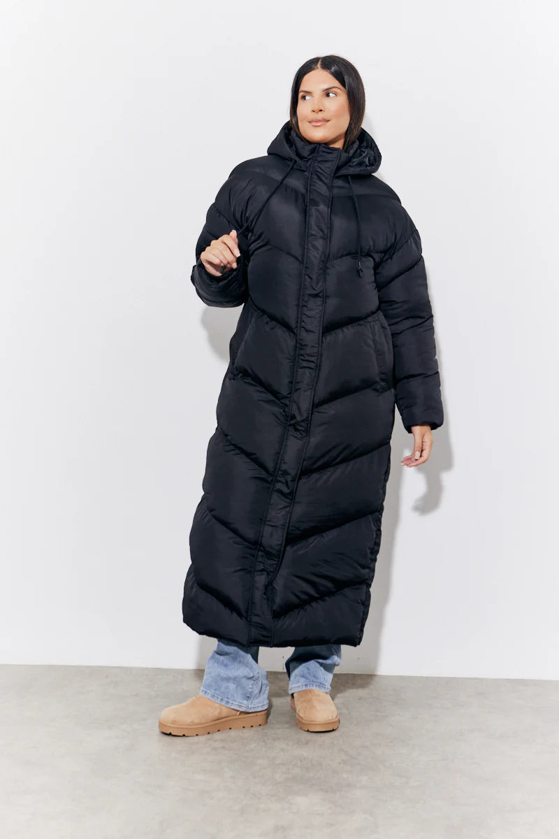 Black Hooded Longline Popper Puffer Coat
