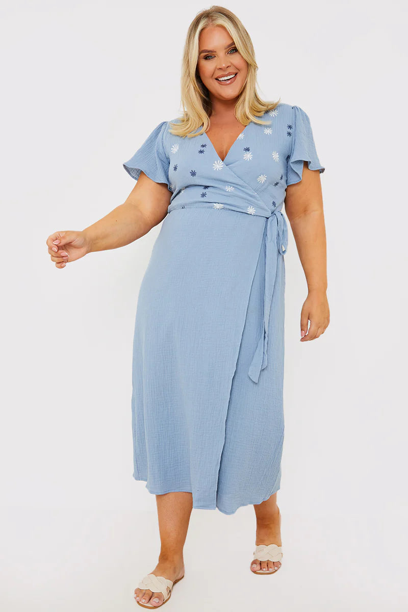Floral Embroidered Wrap Midi Dress