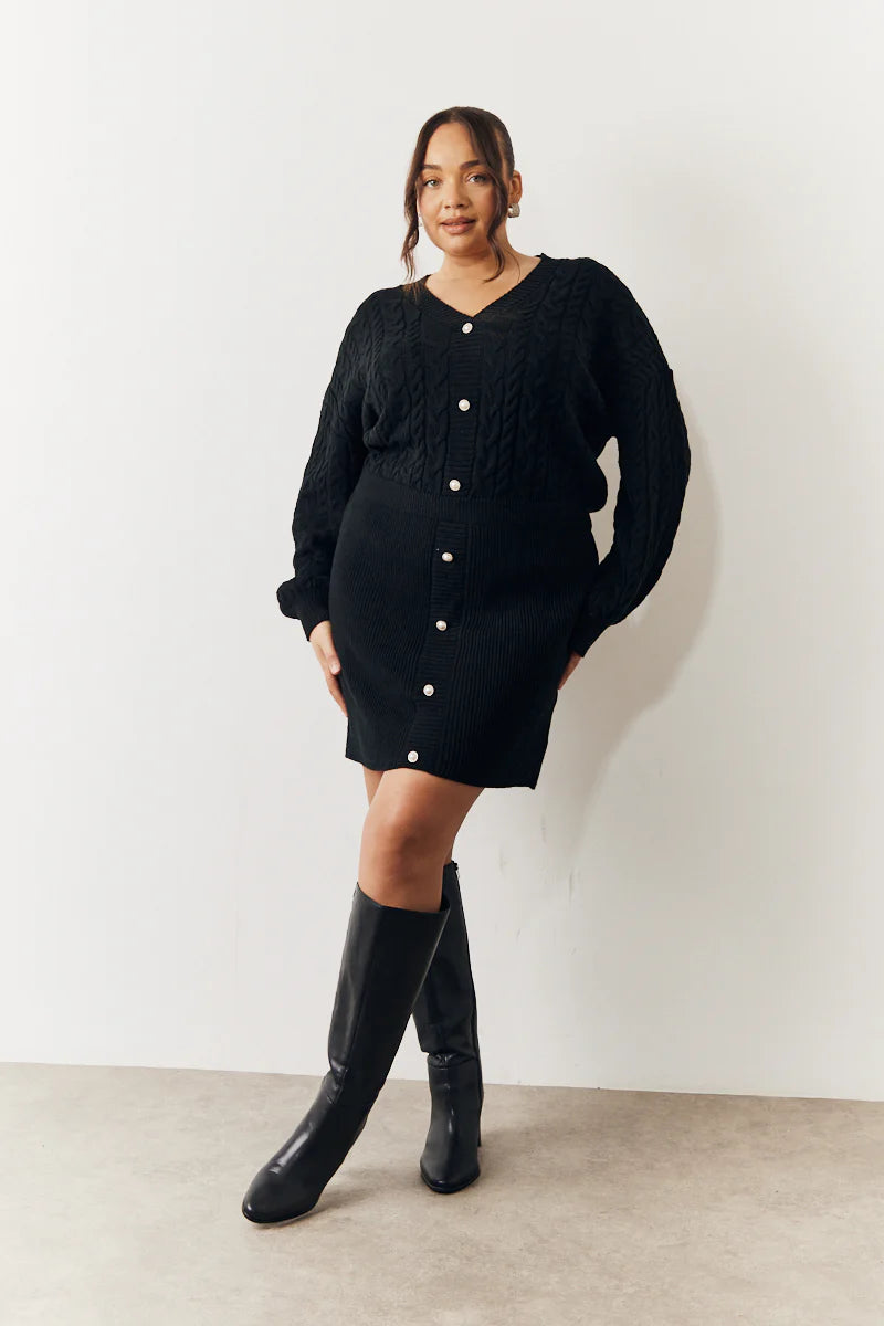 Black Cable Knitted Diamante Button Mini Dress