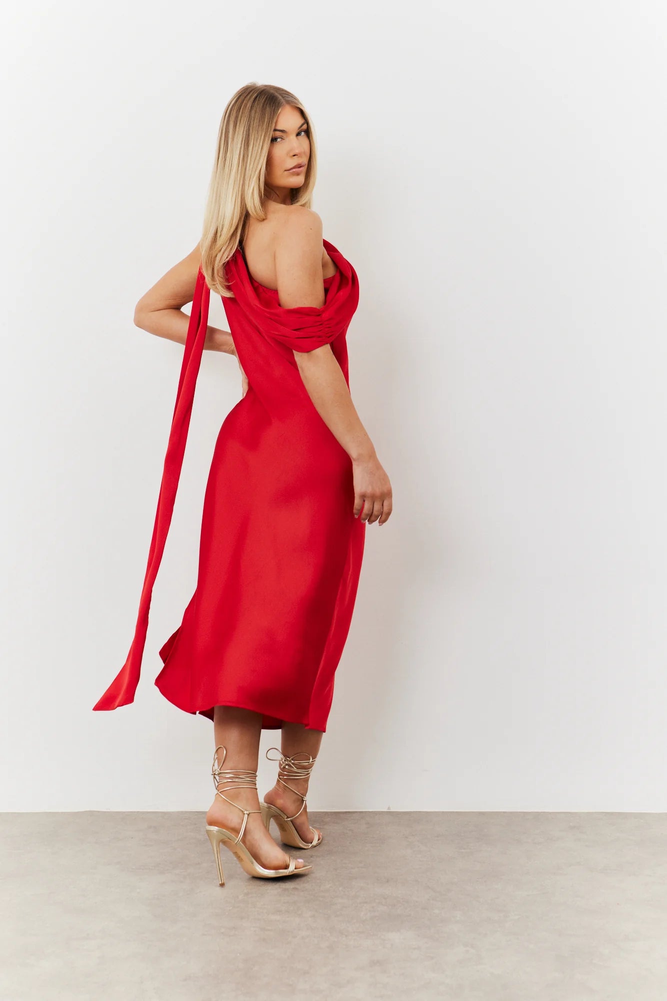 Satin Asymmetric Draped Neckline Midi Dress