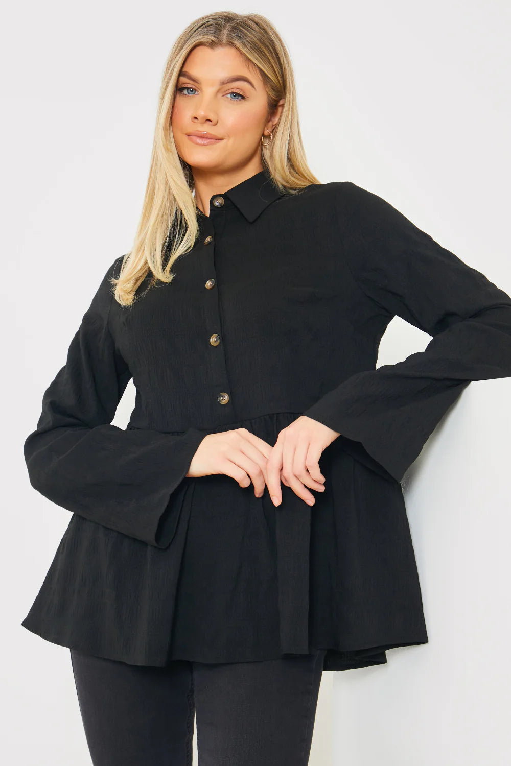 Blouson Sleeve Button Front Blouse